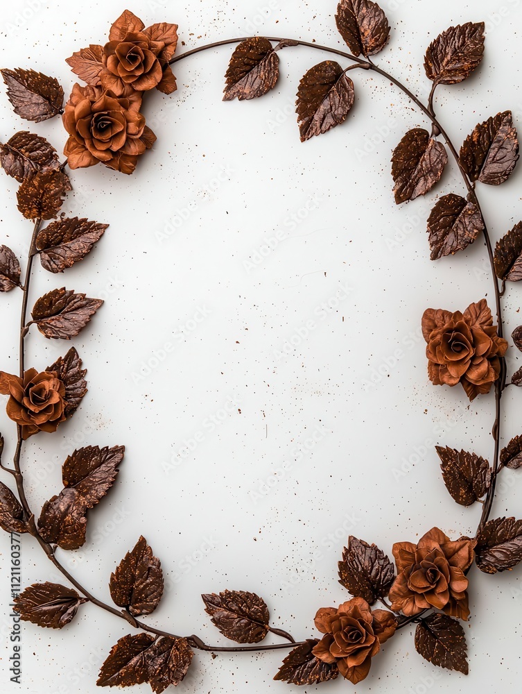 Ornate frame made of brown roses and leaves on a textured white background. Ornate frame made of brown roses and leaves on a textured white background.
