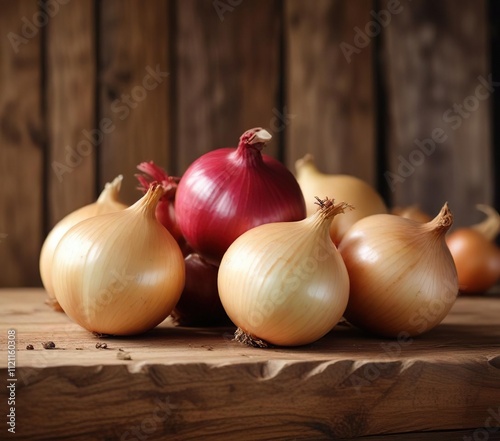Group of ripe unpeeled onions on wooden shelf, onions, unripe, produce