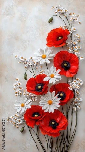 Vibrant red poppies and white daisies on a textured background.