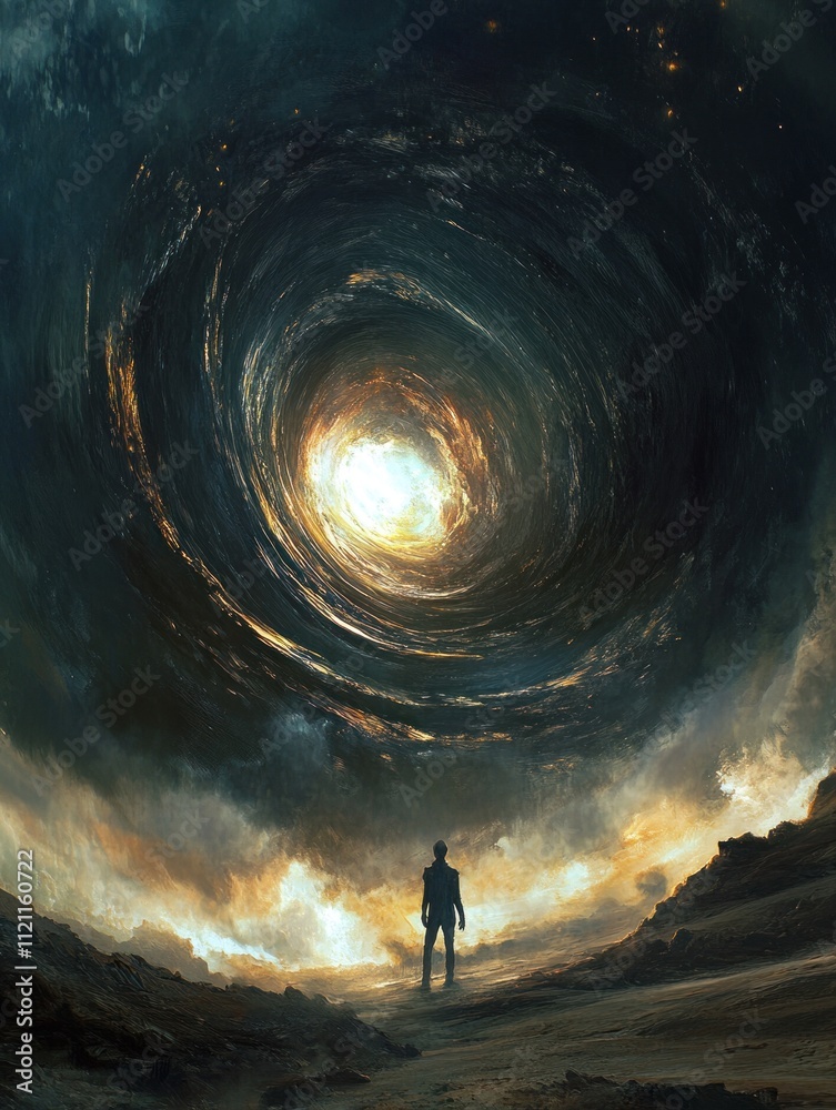 Fototapeta premium A lone figure contemplates a swirling cosmic vortex, a bright light emanating from its center against a dramatic sky.