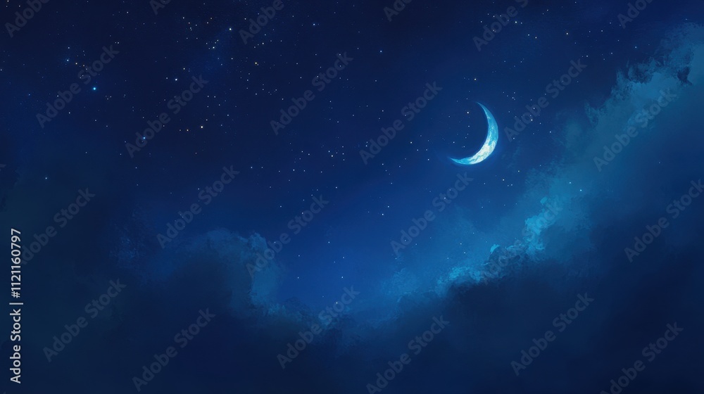 A crescent moon in a deep blue night sky, surrounded by glittering stars and faint, fluffy clouds illuminated by moonlight A crescent moon in a deep blue night sky, surrounded by glittering stars and faint, fluffy clouds illuminated by moonlight