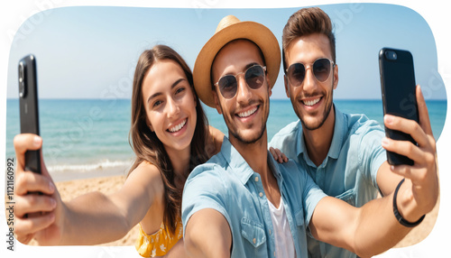 Summer Vacation. A group of cheerful friends laughs joyfully while traveling together, enjoying a fun-filled summer adventure. Vacation with friends, Holiday vacation.