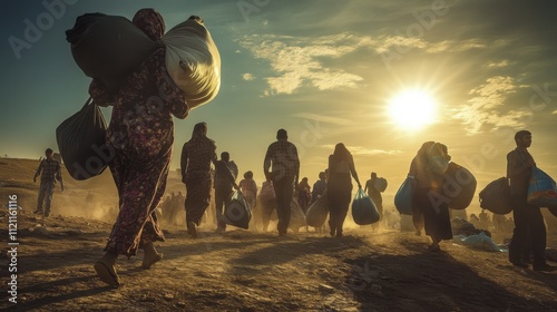 Sunset Exodus Refugees Journey, Heavy Bags, Dusty Path, Hopeful Future
