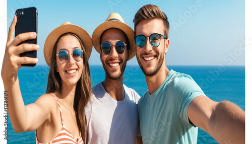Summer Vacation. A group of cheerful friends laughs joyfully while traveling together, enjoying a fun-filled summer adventure. Vacation with friends, Holiday vacation.