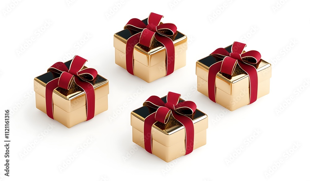 Obraz premium A set of golden christmas gift boxes with red ribbons