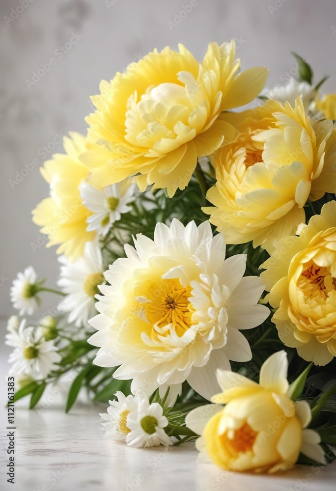 Softly focused image of fresh yellow peonies and white daisies on a light background, floral arrangement, daisies Softly focused image of fresh yellow peonies and white daisies on a light background, floral arrangement, daisies