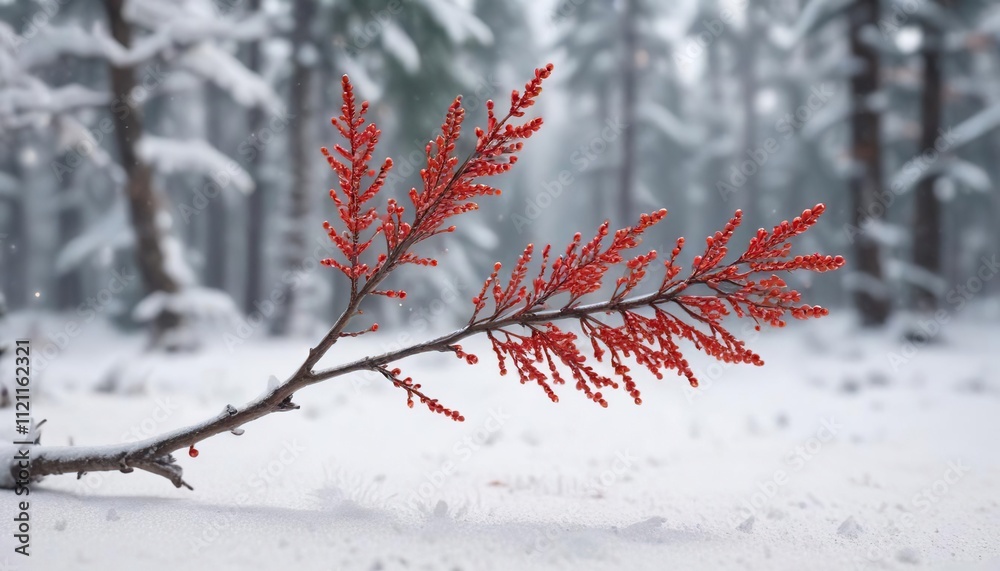 A slender fir branch adorned with bright red glass beads on a snowy white surface, winter fir decoration, decorative fir branch with beads, fir branch with red ornaments A slender fir branch adorned with bright red glass beads on a snowy white surface, winter fir decoration, decorative fir branch with beads, fir branch with red ornaments