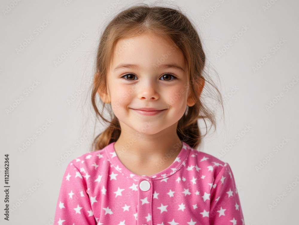 Smiling girl in pink pajamas with star pattern, joyful expression Smiling girl in pink pajamas with star pattern, joyful expression