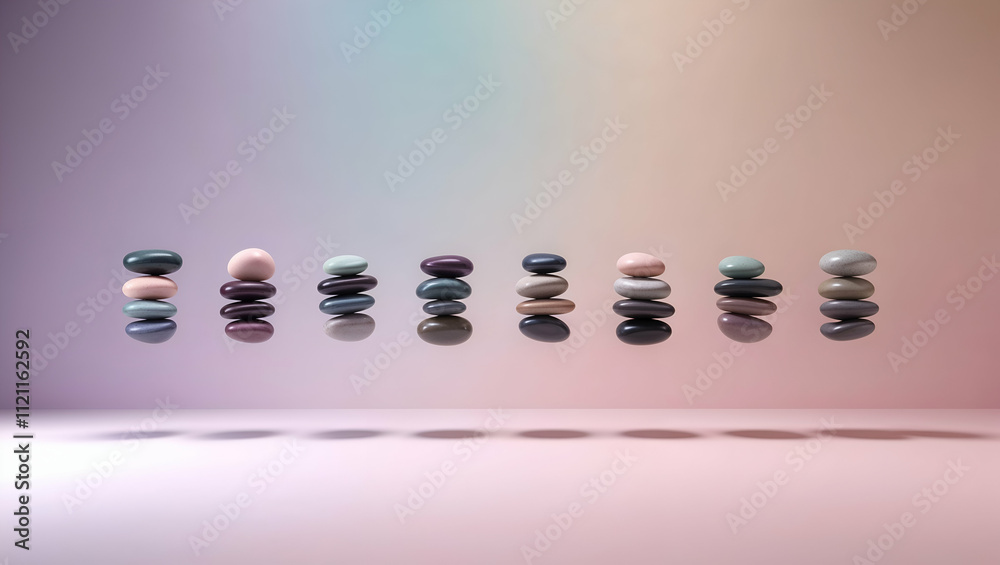 Colorful stones arranged in a balanced stack on a reflective surface with a soft gradient background Colorful stones arranged in a balanced stack on a reflective surface with a soft gradient background