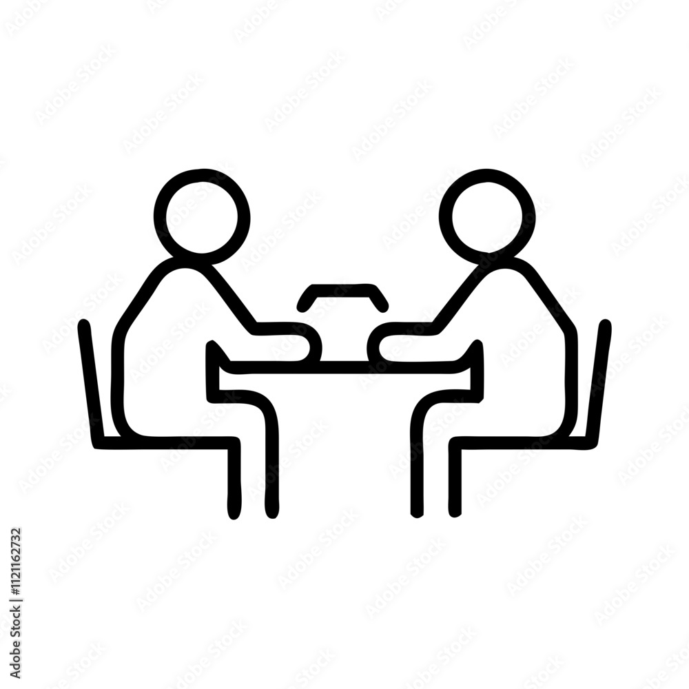 Two People in Discussion Across a Table Representing Negotiation in Minimalist Black and White Line Art Two People in Discussion Across a Table Representing Negotiation in Minimalist Black and White Line Art
