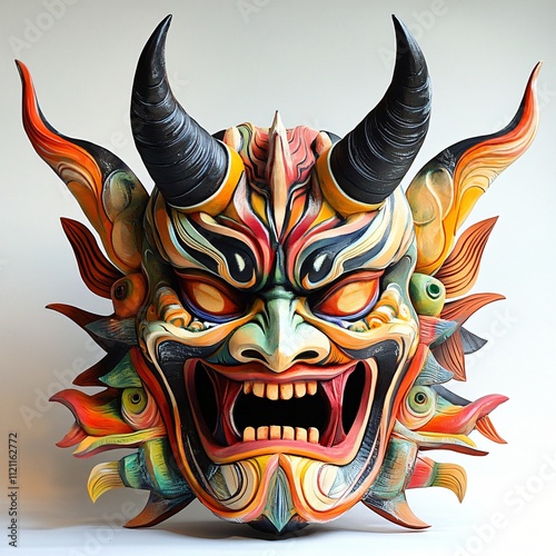 Colorful Hand Carved Oni Mask Japanese Demon Asian Culture Mythological Creature Art Craftsmanship photo