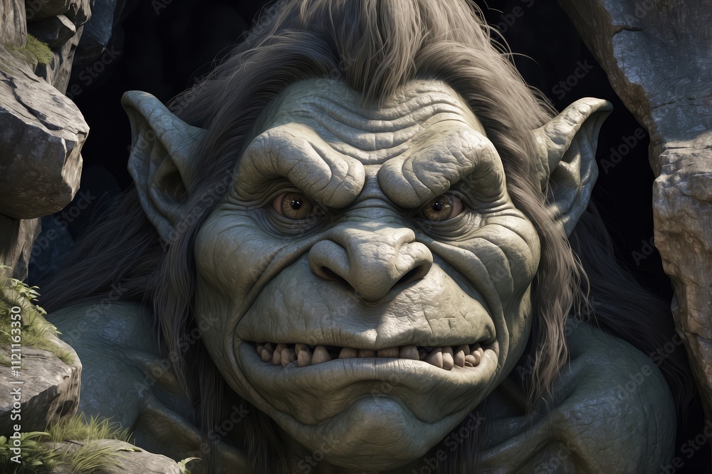 Fototapeta premium Angry green goblin face peering from cave.