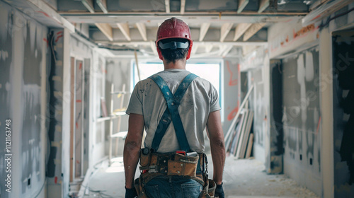 Contractor at work: Home renovation and refurbishment project with general construction worker photo