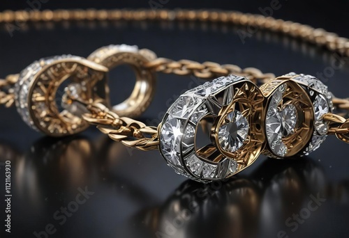 Diamond encrusted chain lying on a dark background with a subtle glow, mysterious, diamond, reflective photo