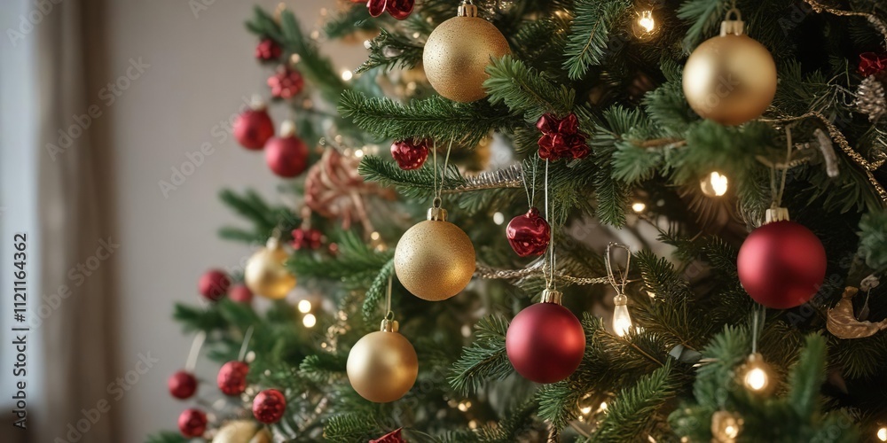 Ornaments and garlands on a bare Christmas tree , ornamental garland, festive decor Ornaments and garlands on a bare Christmas tree , ornamental garland, festive decor