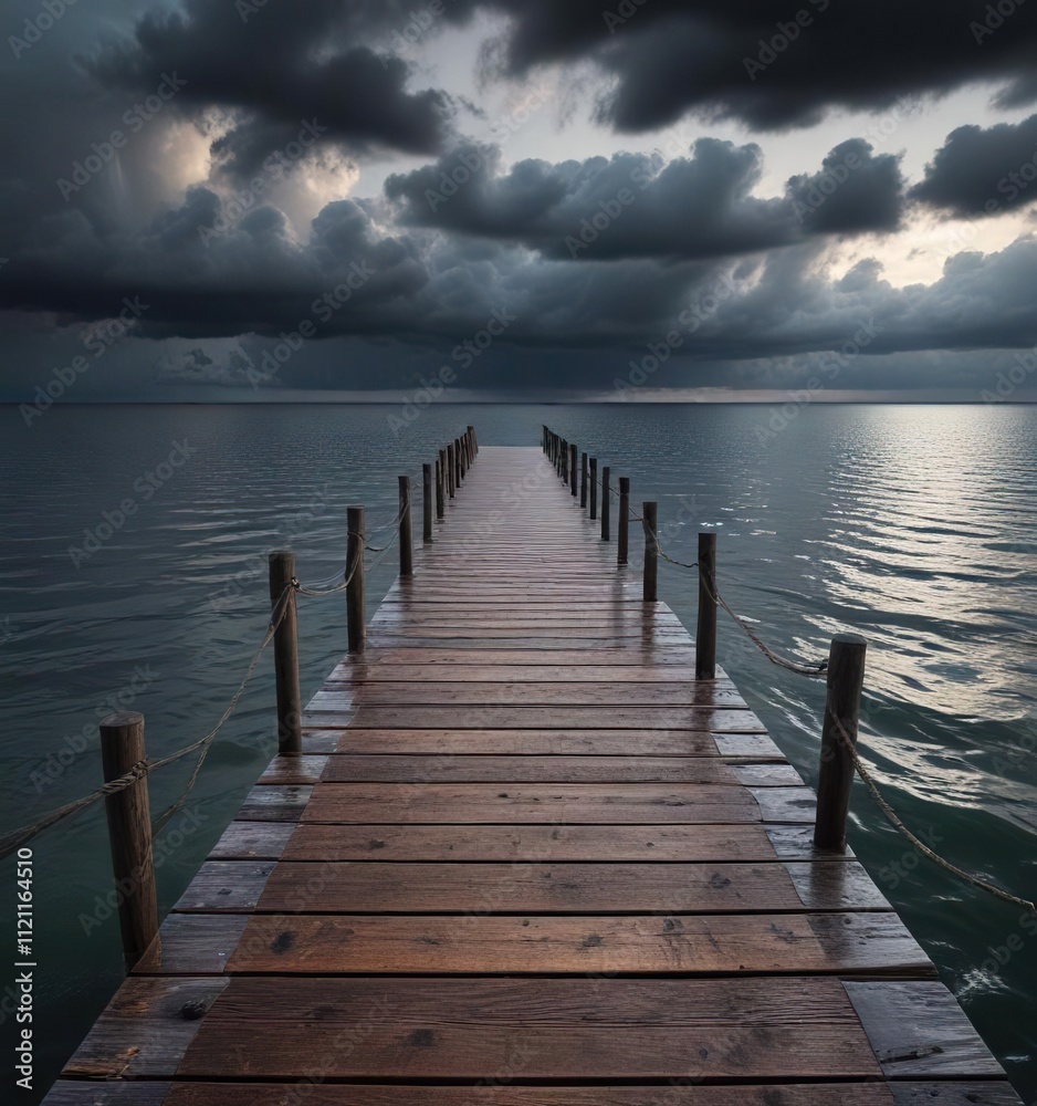 A long wooden pier stretches out into the water with dark clouds gathering on the horizon, gloomy, stormy, isolated A long wooden pier stretches out into the water with dark clouds gathering on the horizon, gloomy, stormy, isolated