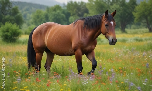 Young horse grazing in a field with wildflowers and tall grasses, animal, meadow, horse