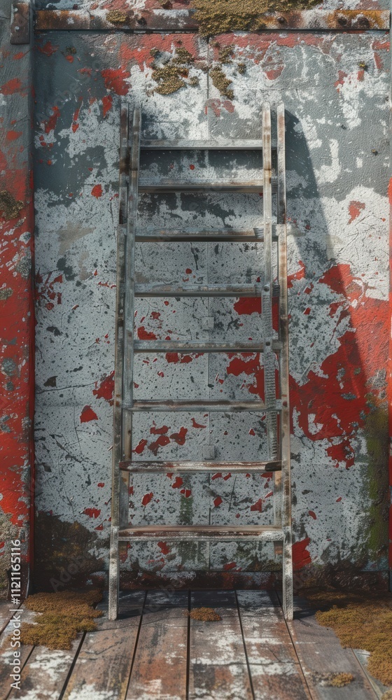 Dilapidated weathered wooden ladder standing in an abandoned grunge ...