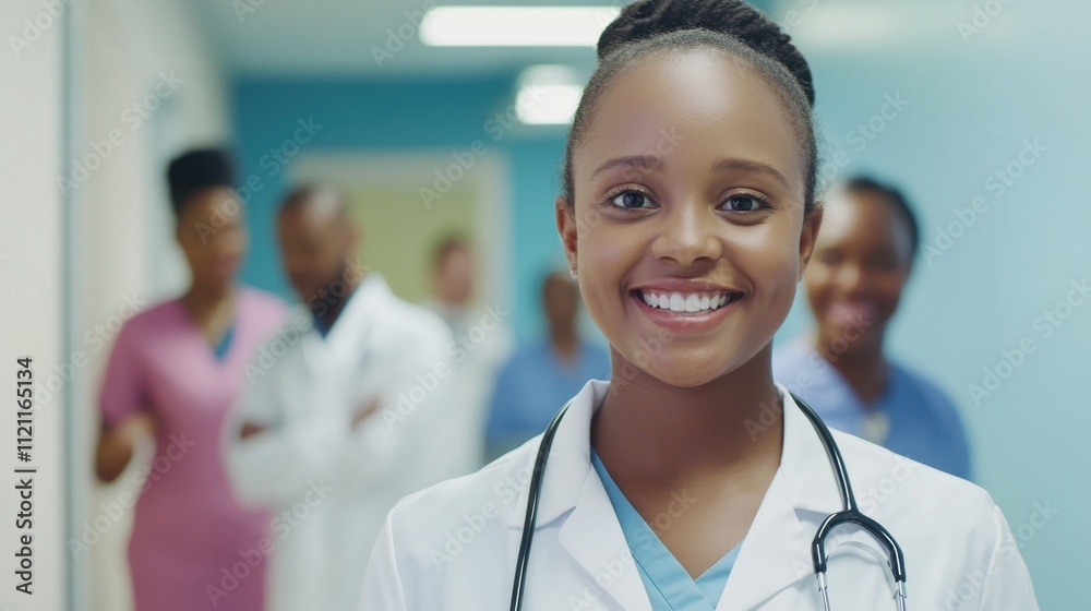 Smiling Female Doctor in Hospital with Colleagues in Background Smiling Female Doctor in Hospital with Colleagues in Background
