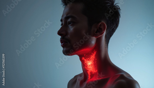 Profile of man with glowing red throat inflammation