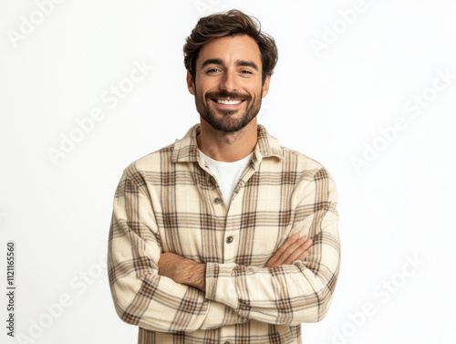 Cozy man in plaid shirt smiling with arms crossed, exuding warmth