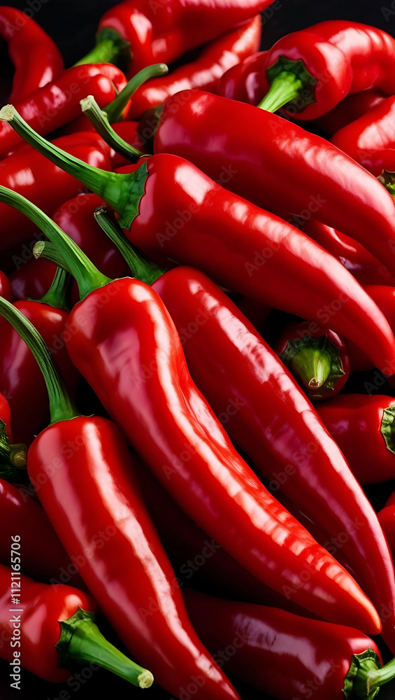 Vibrant Red Chili Peppers with Glossy Sheen and Green Stems in a Pile Against a Dark Background
Vibrant Red Chili Peppers with Glossy Sheen and Green Stems in a Pile Against a Dark Background