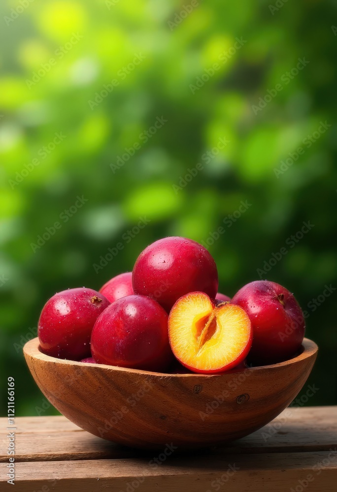 Plums in Wooden Bowl, Fresh Fruit, Garden Background
Plums in Wooden Bowl, Fresh Fruit, Garden Background