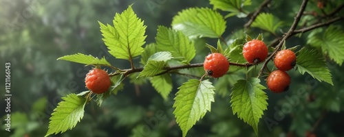 Fresh salmonberry on a green branch with a few leaves surrounding it, nature, tree, food photo