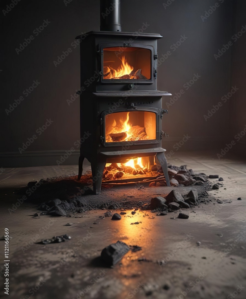 Coal stove with a warm glow and scattered ash on the floor beside it, coal stove, soot, cozy atmosphere Coal stove with a warm glow and scattered ash on the floor beside it, coal stove, soot, cozy atmosphere