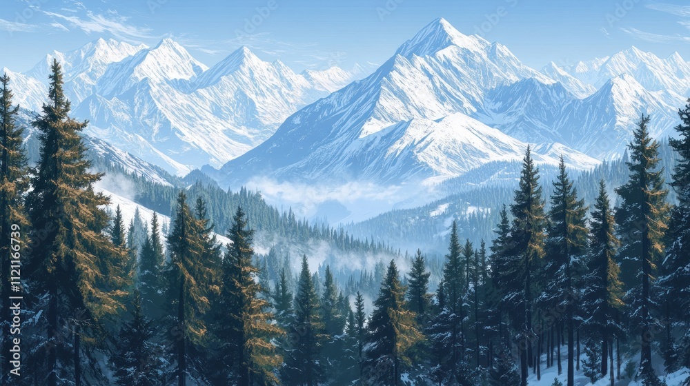 Majestic Snowy Mountains and a Winter Coniferous Forest Majestic Snowy Mountains and a Winter Coniferous Forest
