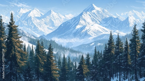 Majestic Snowy Mountains and a Winter Coniferous Forest