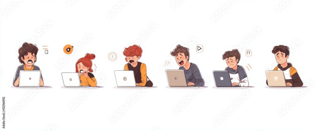Illustrated scenes of various emotions while working remotely Illustrated scenes of various emotions while working remotely