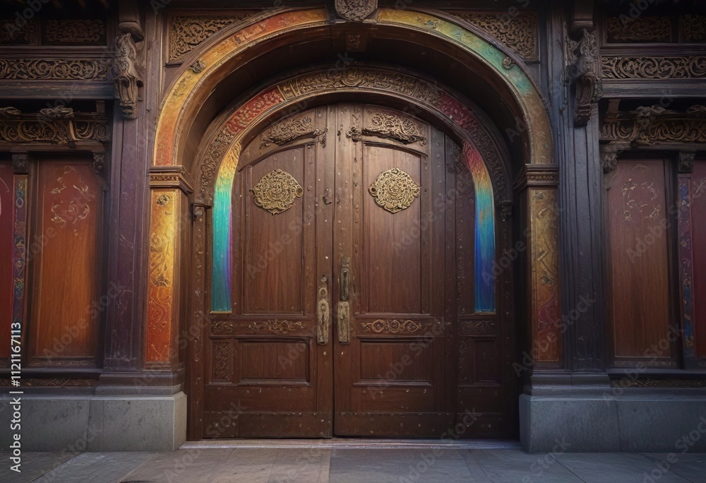 Ornate wooden doors of an Asian temple with a majestic rainbow arcing above, ornate wooden doors, traditional architecture, asian temple door Ornate wooden doors of an Asian temple with a majestic rainbow arcing above, ornate wooden doors, traditional architecture, asian temple door