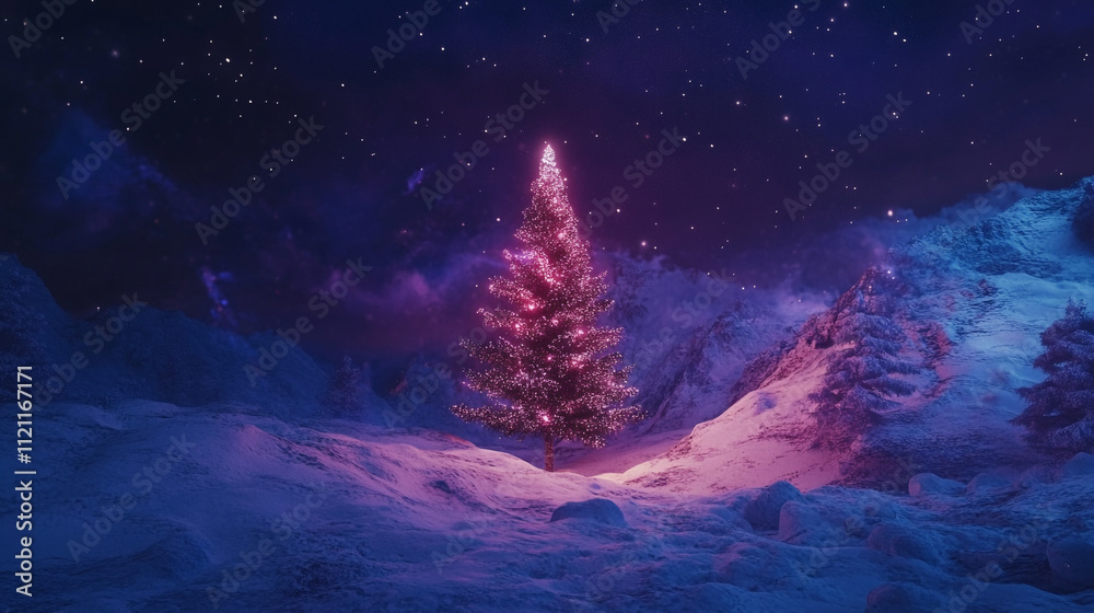 Fototapeta premium Magical winter landscape with a glowing Christmas tree under a starry sky