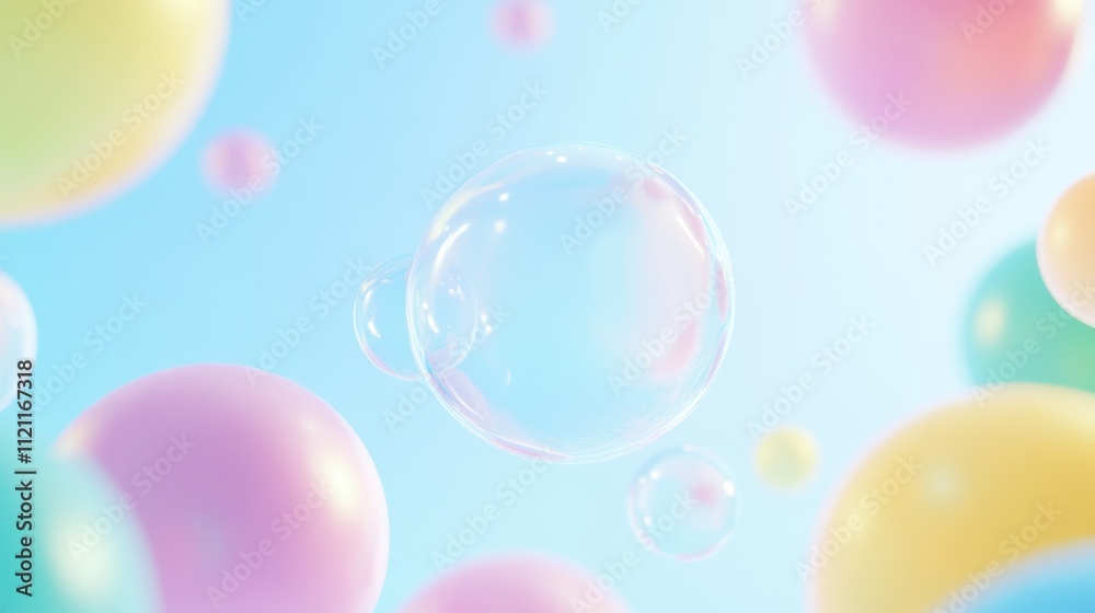 Colorful Bubbles Floating in a Soft Blue Background Colorful Bubbles Floating in a Soft Blue Background