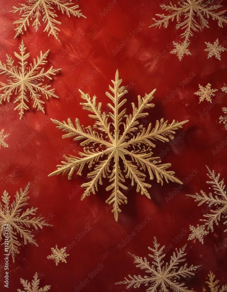 Dainty snowflakes and gold accents on a rustic red wall, delicate snowflakes, elegant decorations Dainty snowflakes and gold accents on a rustic red wall, delicate snowflakes, elegant decorations
