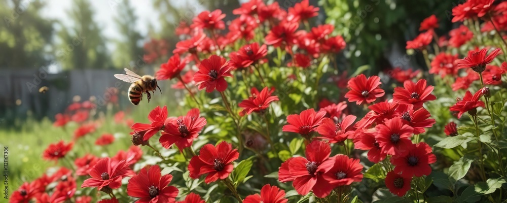 Bee collecting nectar from multiple bright red flowers in a sunny garden, insect life, nature photography Bee collecting nectar from multiple bright red flowers in a sunny garden, insect life, nature photography