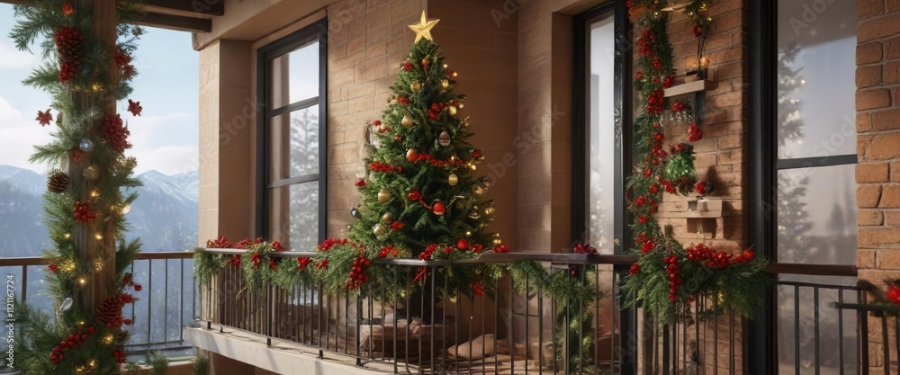 Balcony decorated with festive Christmas tree, pinecones, and holly, rustic wooden furniture, cozy cabin atmosphere, snowy mountain backdrop Balcony decorated with festive Christmas tree, pinecones, and holly, rustic wooden furniture, cozy cabin atmosphere, snowy mountain backdrop