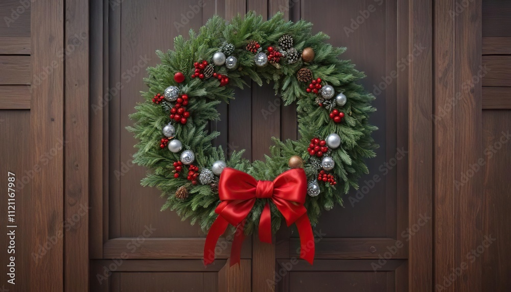 A beautiful wreath of fresh pine and silver ornaments is tied to a wooden door with a red ribbon, natural elements , winter wonderland A beautiful wreath of fresh pine and silver ornaments is tied to a wooden door with a red ribbon, natural elements , winter wonderland