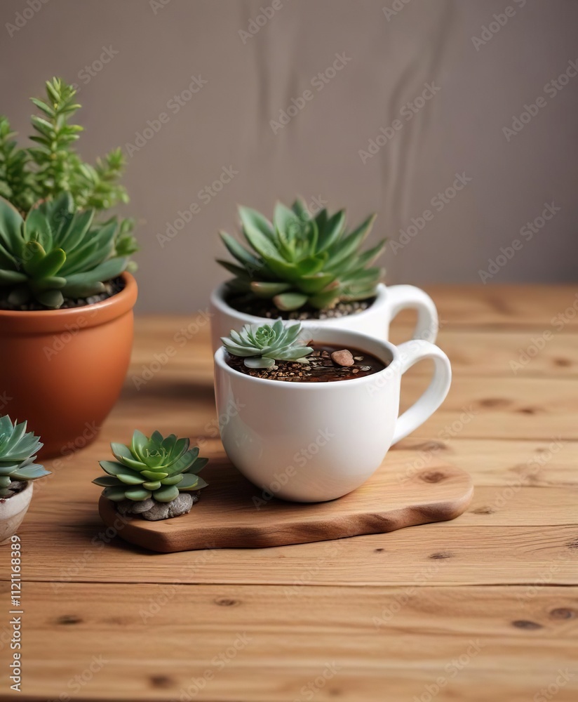 A simple white ceramic mug filled with rich aromatic coffee rests on a minimalist wooden desk next to a small pot of tiny succulents , desk, modern decor, natural A simple white ceramic mug filled with rich aromatic coffee rests on a minimalist wooden desk next to a small pot of tiny succulents , desk, modern decor, natural