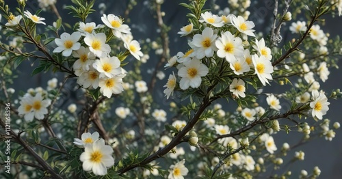A thorny shrub covered in white or yellow flowers with silvery-green leaves and stems, flowering plant, wild wormwood, felon herb