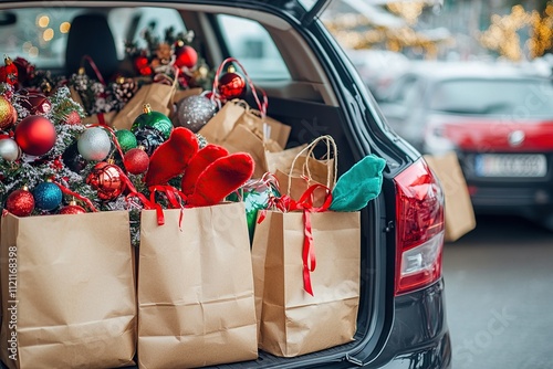 Christmas Shopping Haul: Festive Decorations and Gifts Loaded in Car for Holiday Cheer. photo