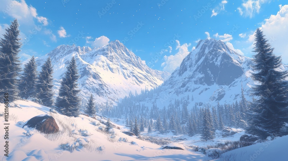Fototapeta premium Snow Covered Mountains And Evergreen Trees Winter Landscape