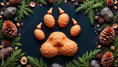 Artistic paw print made of textured orange objects, forest theme photo