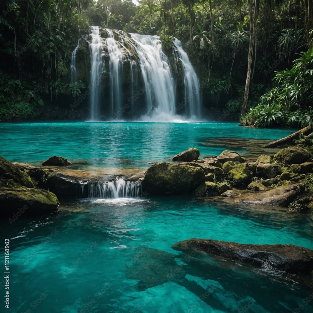 A dramatic waterfall cascading into a turquoise pool in a jungle setting.
