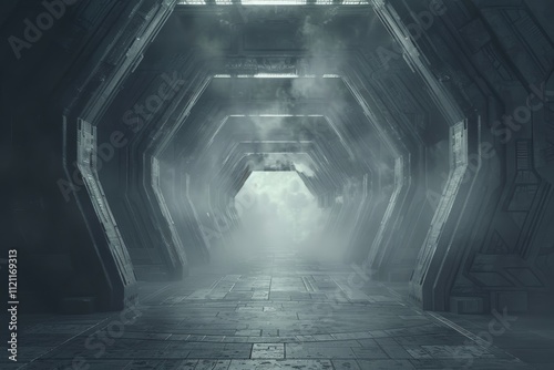 Fototapeta Naklejka Na Ścianę i Meble -  Mysterious corridor filled with smoke in an alien spaceship  a sci fi horror experience