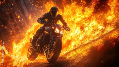 Fiery Motorcycle Rider Blazing Through Inferno Street Race photo