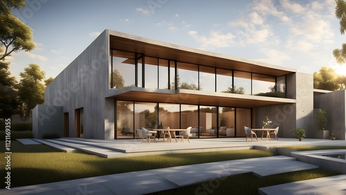 Modern concrete house with large windows and outdoor seating in a serene environment.