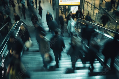 An urban scene capturing the hustle and bustle of city commuters, Urban commute scene, Documentary style photo