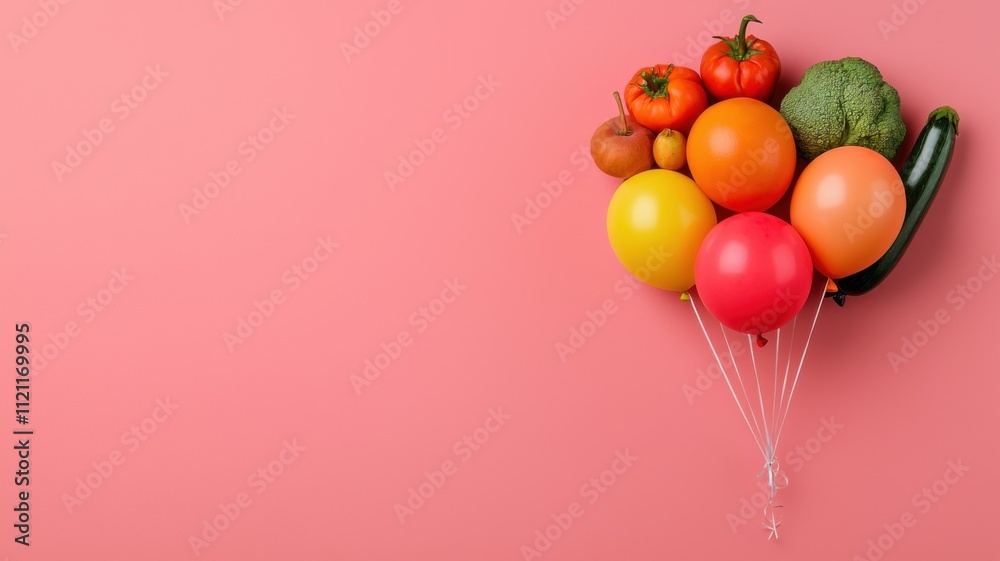 Colorful vegetable balloons celebrate freshness kitchen food art bright setting fun perspective whimsical concept Colorful vegetable balloons celebrate freshness kitchen food art bright setting fun perspective whimsical concept